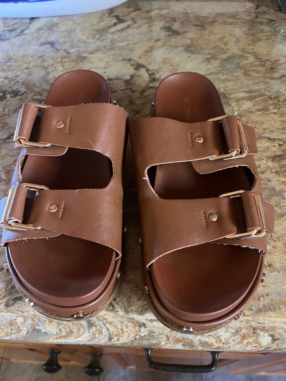 Brown Double Buckle Slide Sandals